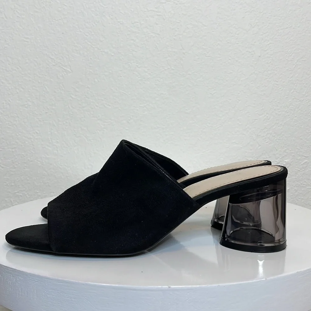 ZARA BLACK FAUX SUEDE SLIDE SANDALS LUCITE ROUND HEEL OPEN TOE MINIMALIST MULES - Picture 7 of 14